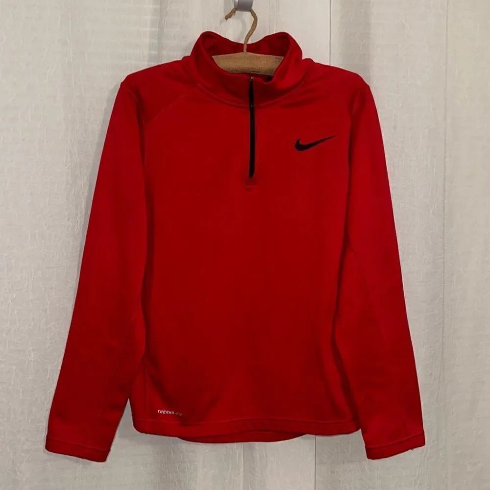 Nike S Therma-Fit Red Quarter Zip Fleece Interior Athletic Pullover Sweatshirt